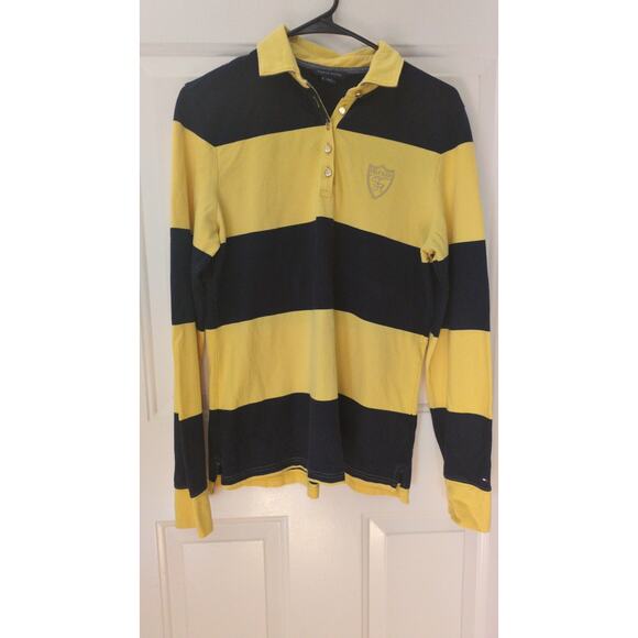 VTG Tommy Hilfiger Blue & Yellow Rugby Stripe Long Sleeve Shirt  Gold Buttons LG - Picture 1 of 8